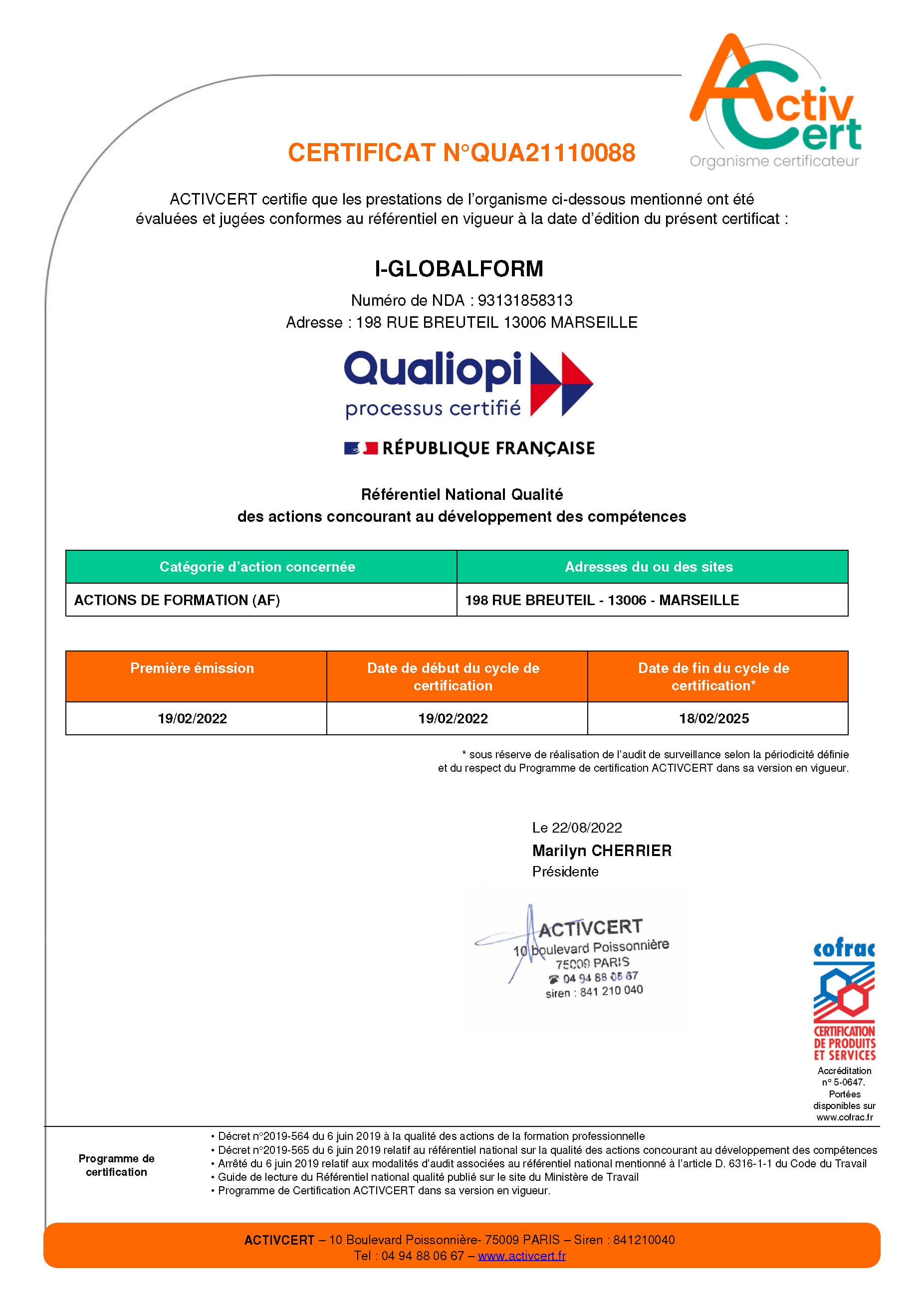 Certificat Qualiopi iGlobalForm
