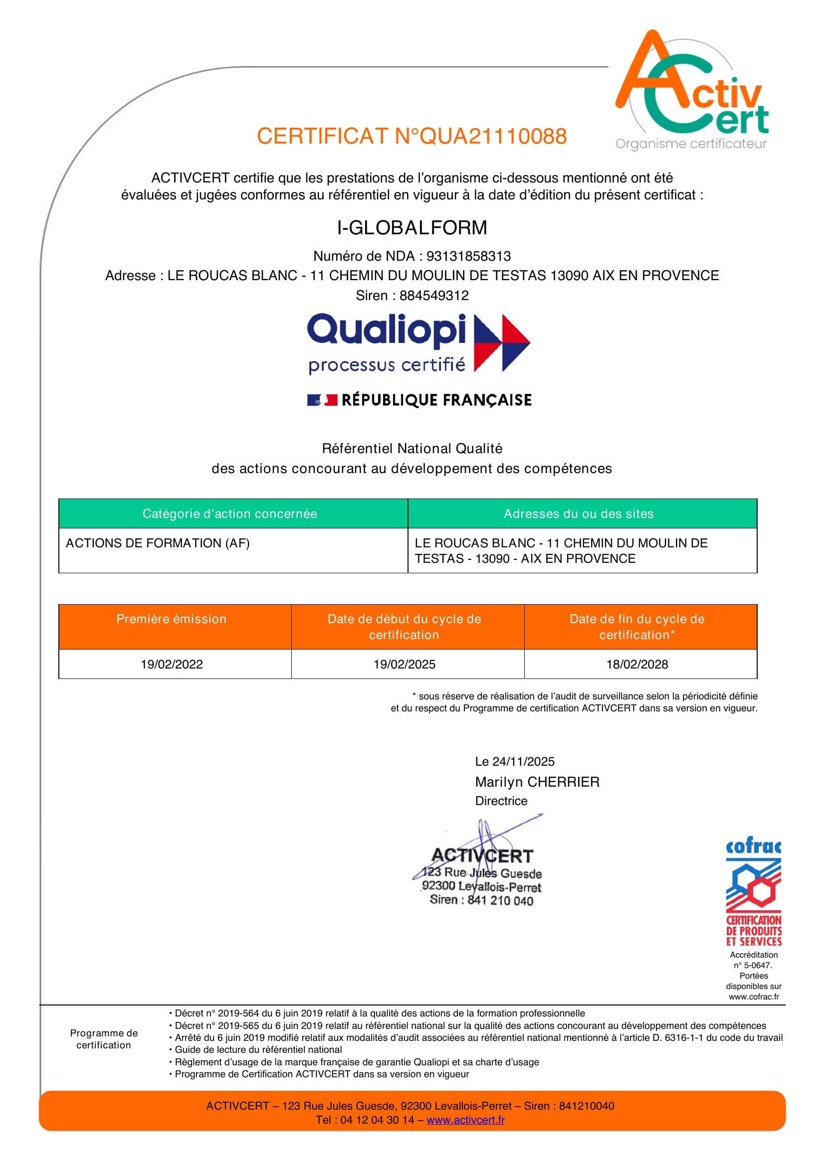Certificat Qualiopi iGlobalForm